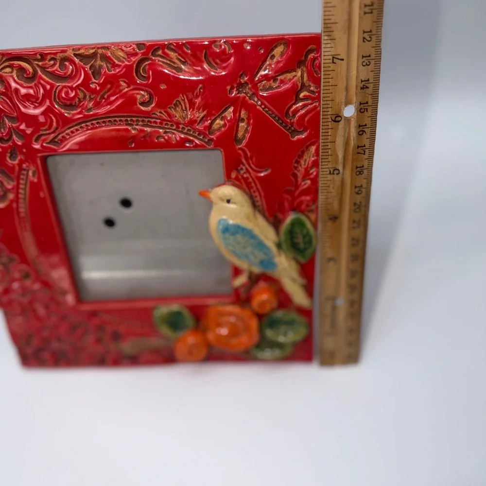 Red Ceramic Bird and Flower Embossed Photo Frame Square 4x4 Cottagecore
